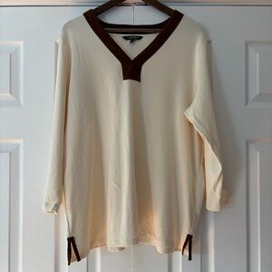 Ralph Lauren Cream and Brown V-Neck 3/4 Sleeve‎ Top Size 3X NWOT